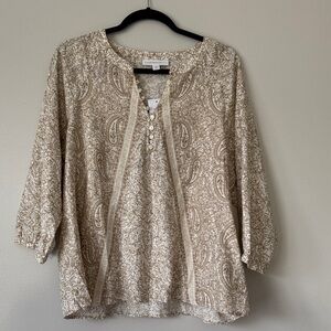 NWT J Jill PureJill Cream and Tan Paisley Top Organic Cotton size L Petite